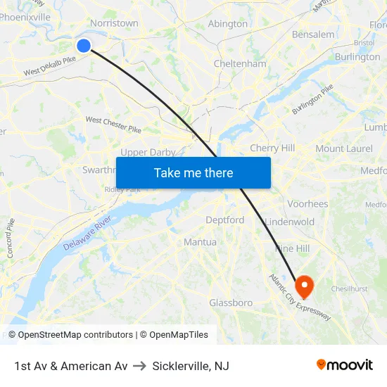 1st Av & American Av to Sicklerville, NJ map