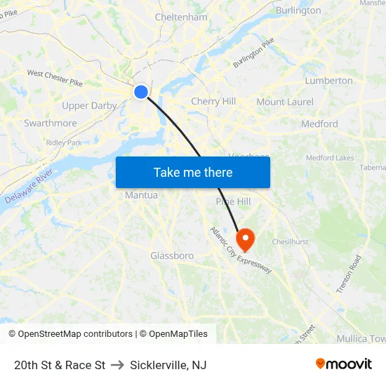 20th St & Race St to Sicklerville, NJ map