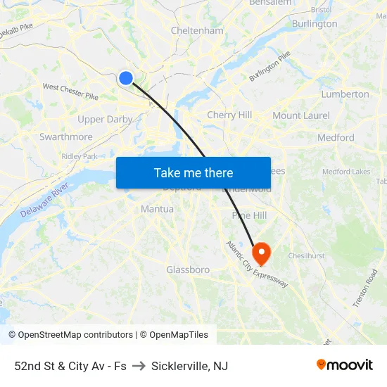 52nd St & City Av - Fs to Sicklerville, NJ map