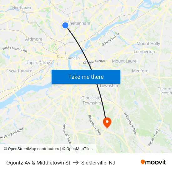 Ogontz Av & Middletown St to Sicklerville, NJ map