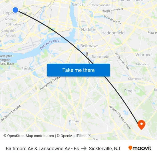 Baltimore Av & Lansdowne Av - Fs to Sicklerville, NJ map