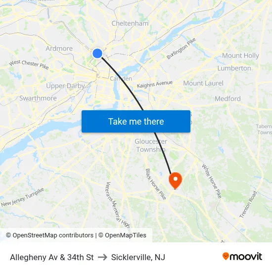 Allegheny Av & 34th St to Sicklerville, NJ map
