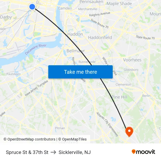 Spruce St & 37th St to Sicklerville, NJ map