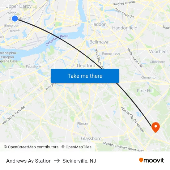 Andrews Av Station to Sicklerville, NJ map