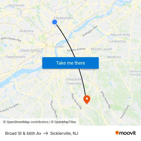 Broad St & 66th Av to Sicklerville, NJ map