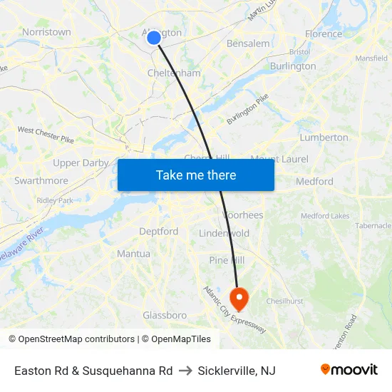 Easton Rd & Susquehanna Rd to Sicklerville, NJ map