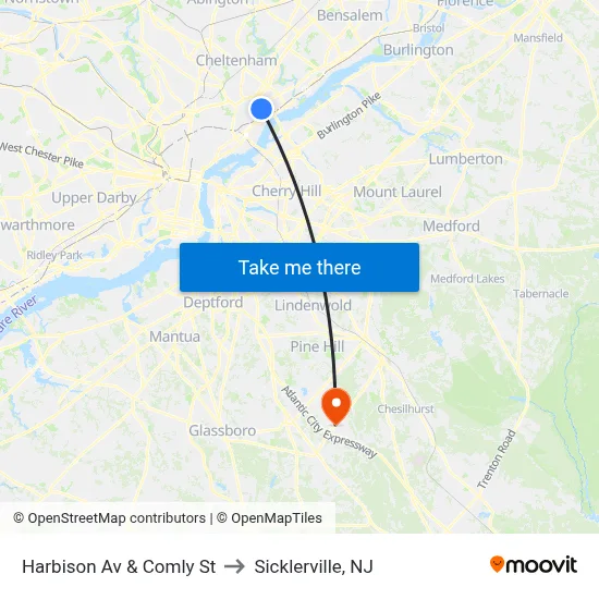 Harbison Av & Comly St to Sicklerville, NJ map