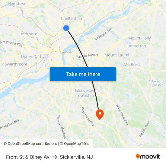 Front St & Olney Av to Sicklerville, NJ map