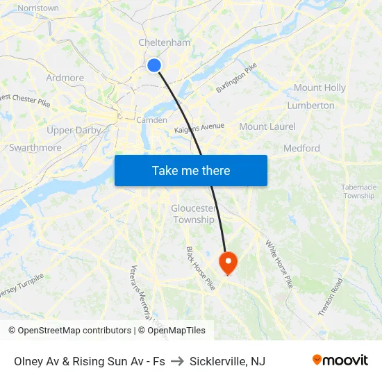 Olney Av & Rising Sun Av - Fs to Sicklerville, NJ map