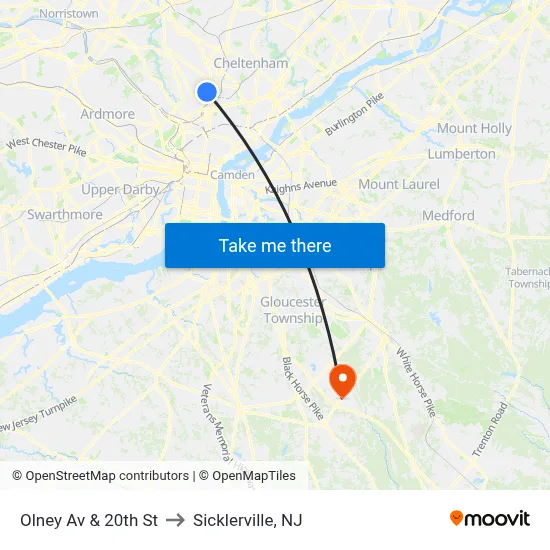 Olney Av & 20th St to Sicklerville, NJ map