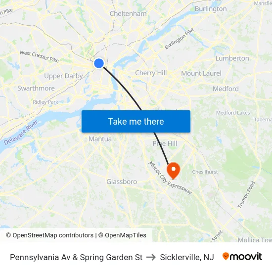 Pennsylvania Av & Spring Garden St to Sicklerville, NJ map