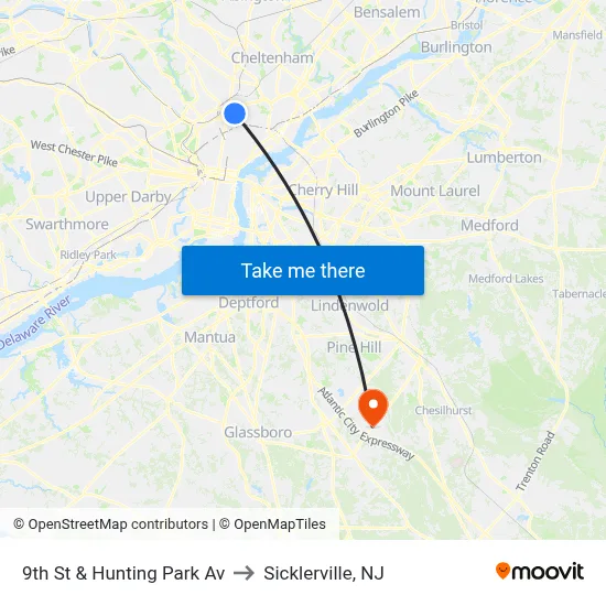 9th St & Hunting Park Av to Sicklerville, NJ map