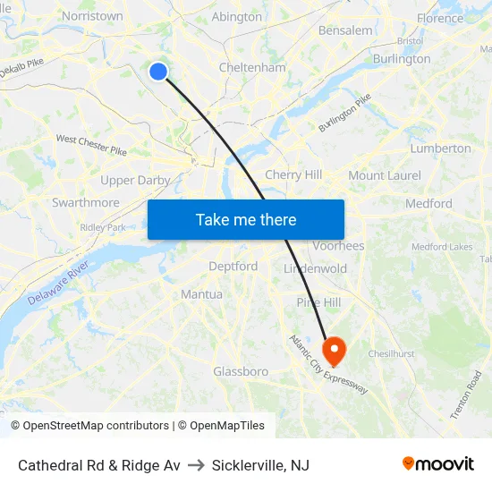 Cathedral Rd & Ridge Av to Sicklerville, NJ map