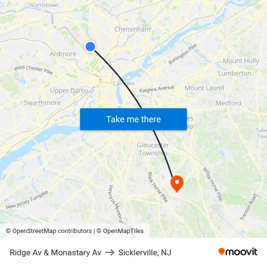 Ridge Av & Monastary Av to Sicklerville, NJ map