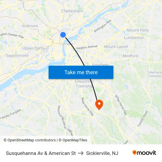 Susquehanna Av & American St to Sicklerville, NJ map