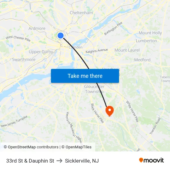 33rd St & Dauphin St to Sicklerville, NJ map