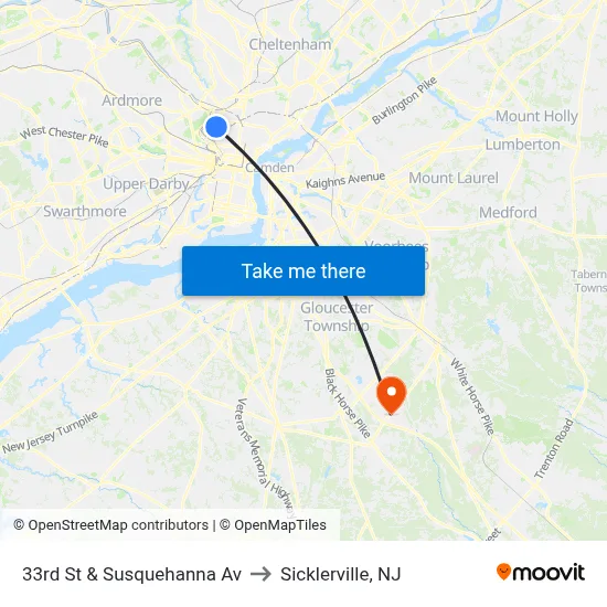 33rd St & Susquehanna Av to Sicklerville, NJ map