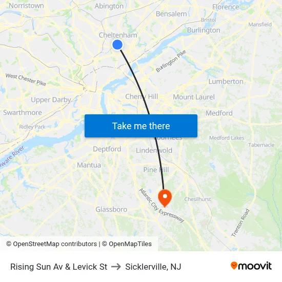 Rising Sun Av & Levick St to Sicklerville, NJ map