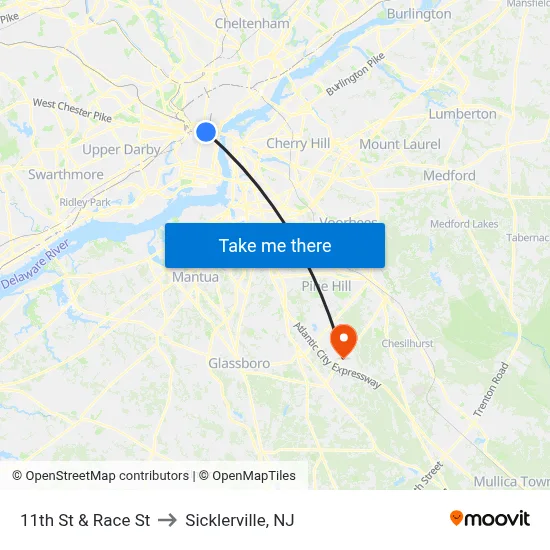 11th St & Race St to Sicklerville, NJ map