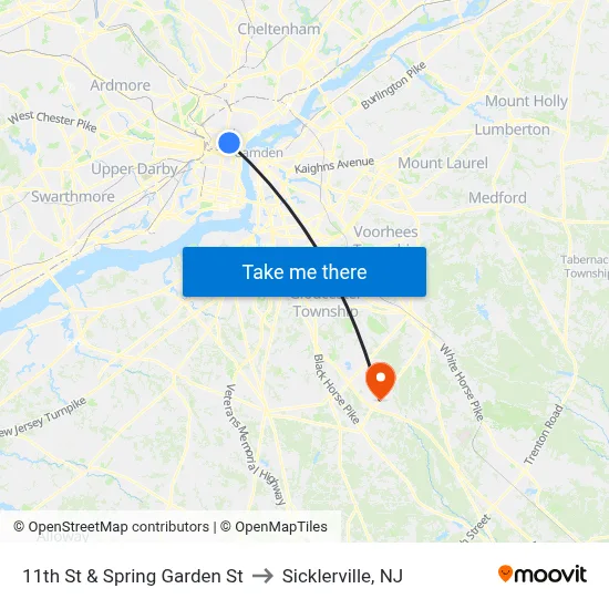11th St & Spring Garden St to Sicklerville, NJ map