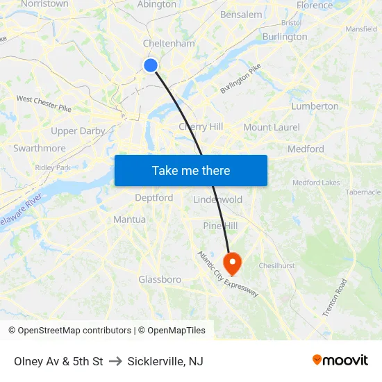 Olney Av & 5th St to Sicklerville, NJ map