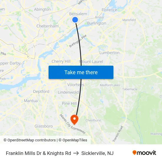 Franklin Mills Dr & Knights Rd to Sicklerville, NJ map