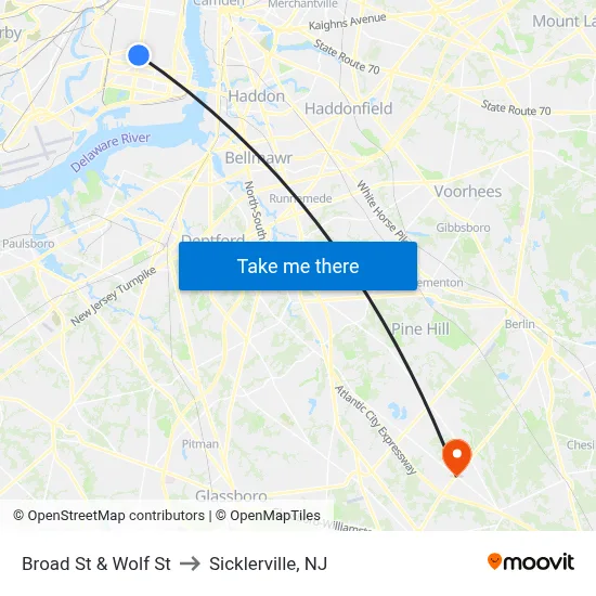 Broad St & Wolf St to Sicklerville, NJ map