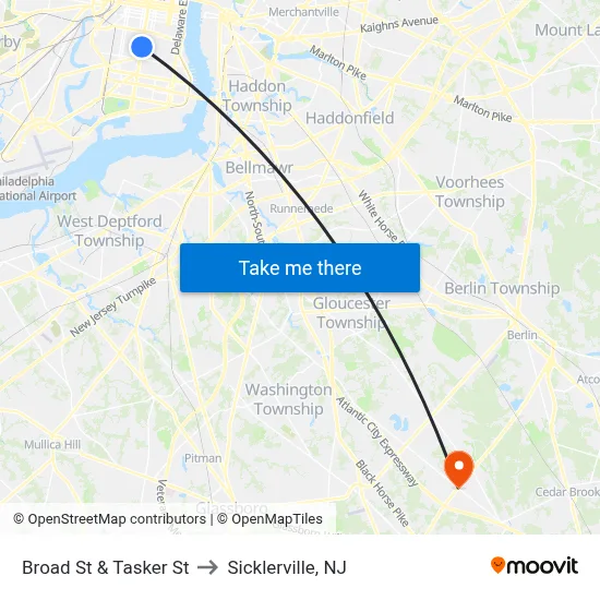 Broad St & Tasker St to Sicklerville, NJ map