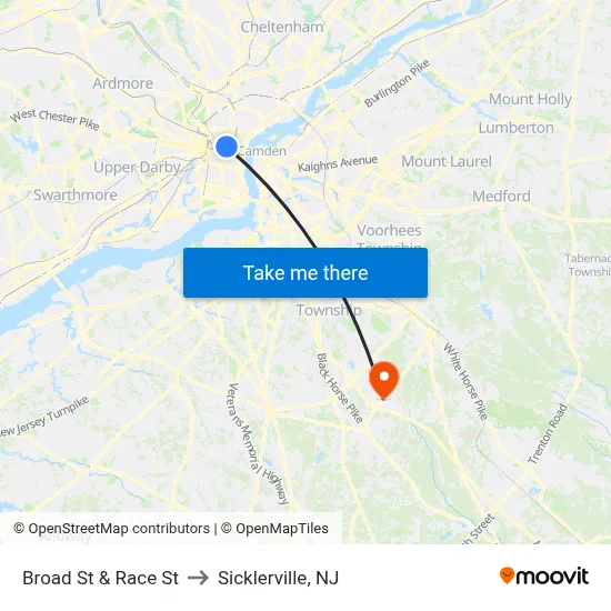 Broad St & Race St to Sicklerville, NJ map