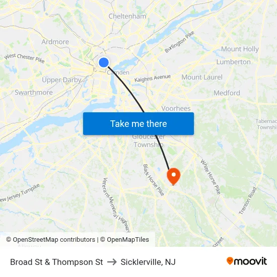 Broad St & Thompson St to Sicklerville, NJ map