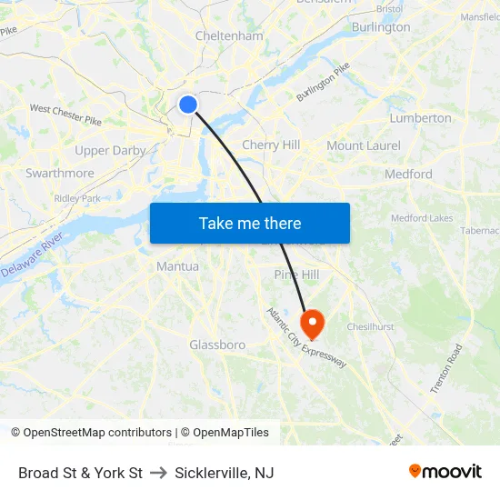 Broad St & York St to Sicklerville, NJ map