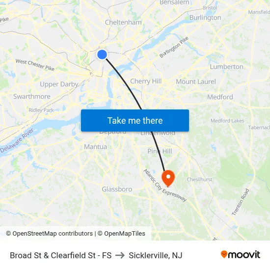 Broad St & Clearfield St - FS to Sicklerville, NJ map