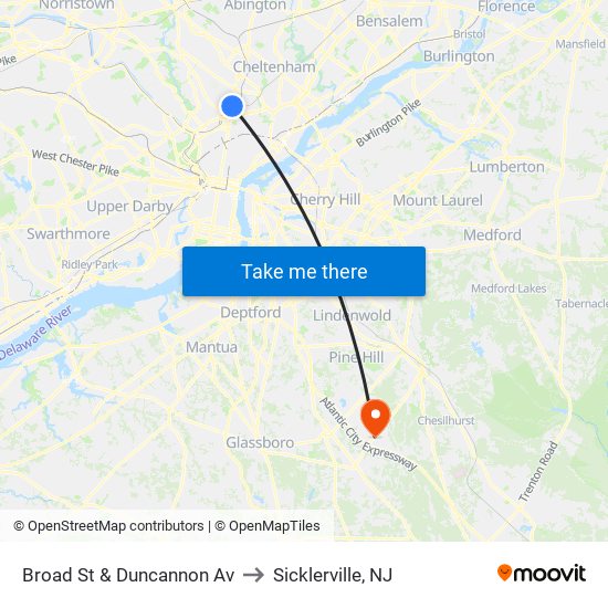 Broad St & Duncannon Av to Sicklerville, NJ map