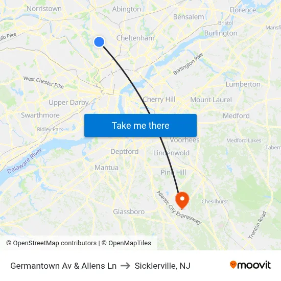 Germantown Av & Allens Ln to Sicklerville, NJ map
