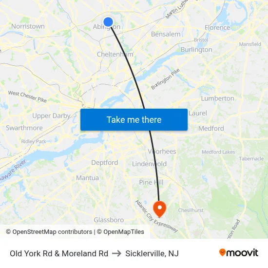 Old York Rd & Moreland Rd to Sicklerville, NJ map