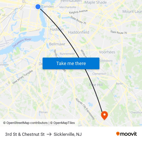 3rd St & Chestnut St to Sicklerville, NJ map