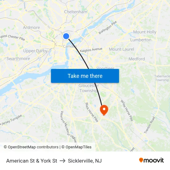 American St & York St to Sicklerville, NJ map