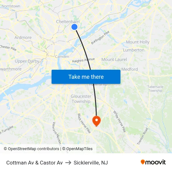 Cottman Av & Castor Av to Sicklerville, NJ map