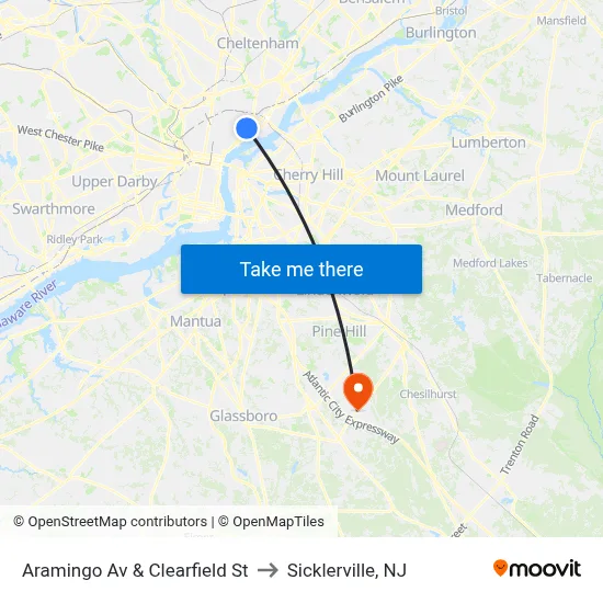 Aramingo Av & Clearfield St to Sicklerville, NJ map
