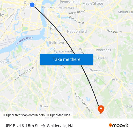 JFK Blvd & 15th St to Sicklerville, NJ map