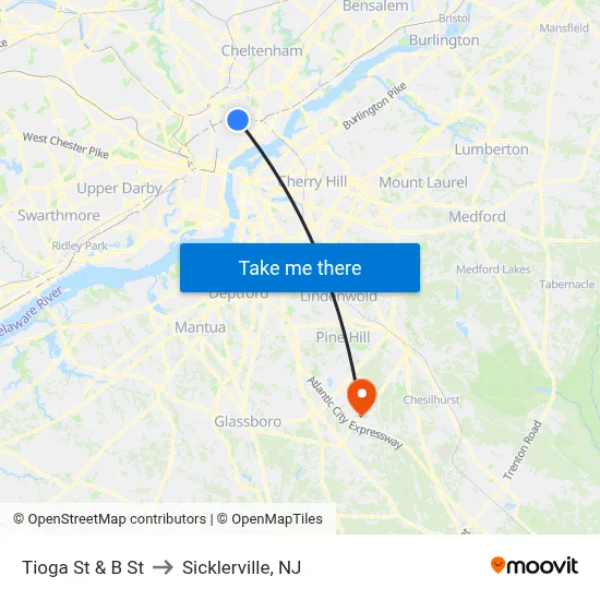 Tioga St & B St to Sicklerville, NJ map