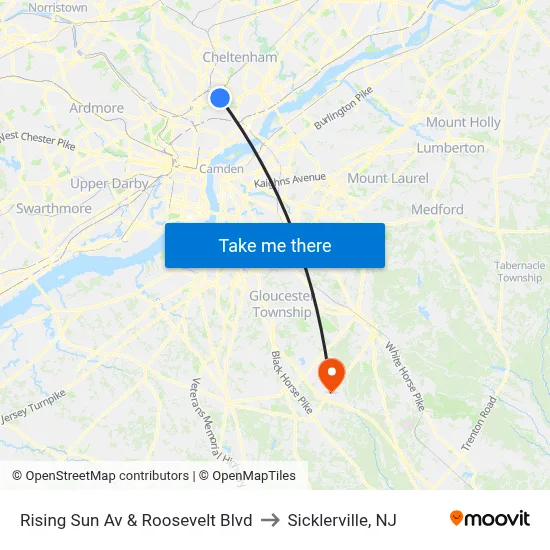 Rising Sun Av & Roosevelt Blvd to Sicklerville, NJ map