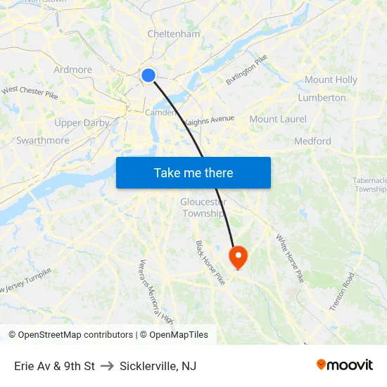 Erie Av & 9th St to Sicklerville, NJ map