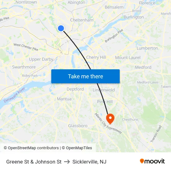 Greene St & Johnson St to Sicklerville, NJ map