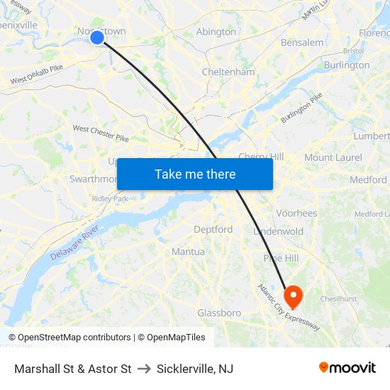 Marshall St & Astor St to Sicklerville, NJ map