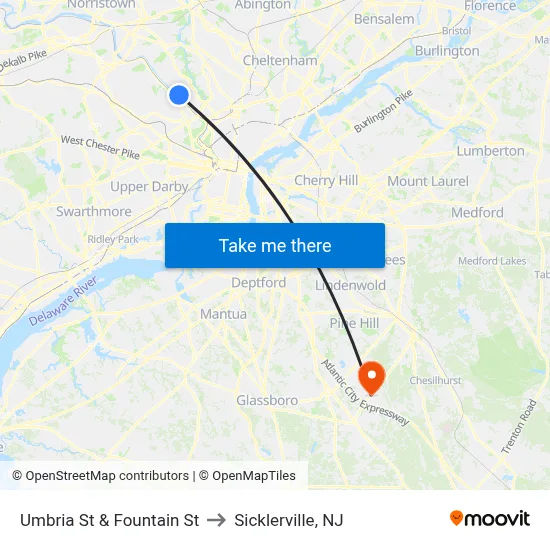 Umbria St & Fountain St to Sicklerville, NJ map