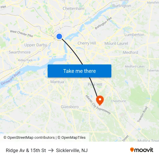 Ridge Av & 15th St to Sicklerville, NJ map