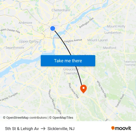 5th St & Lehigh Av to Sicklerville, NJ map