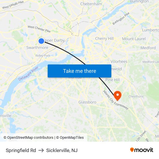 Springfield Rd to Sicklerville, NJ map