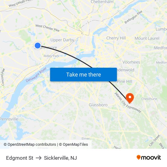 Edgmont St to Sicklerville, NJ map